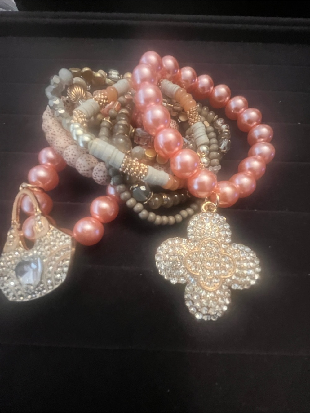 Pink Pearl Beaded Bracelet Set with Crystal Clover Charm